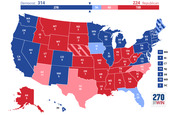 US Electoral College map showing Democrat 314 vs Republican 224 electoral votes, with states colored blue or red and labeled with abbreviations and vote counts.