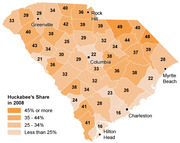 Choropleth map of South Carolina counties showing Huckabee's vote share in the 2008 primary, with percentages labeled in each county and a four-tier color legend.