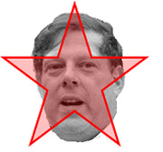 Editorial illustration of a man's face overlaid on a large red star outline.