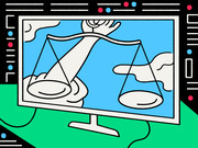 Editorial illustration showing a figure holding scales of justice displayed on a computer monitor, surrounded by red and blue dots on a black and green background.