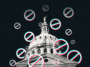 Editorial illustration of a state capitol building dome surrounded by TikTok-style prohibition symbols in red and cyan on a dark background.