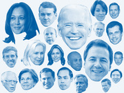 Blue-tinted collage of portrait photos of 2020 Democratic presidential candidates arranged by relative size, with Biden's face largest in the center.