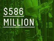 Green-tinted editorial infographic showing a USPS mail carrier with large white text reading $586 Million overlaid on the image.