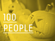 Yellow-tinted photo of carved Halloween jack-o-lanterns with large white text reading 100 PEOPLE, serving as an editorial title card.