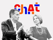 Editorial illustration showing two politicians in conversation with the word CHAT displayed in large colorful letters above them.