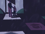 Editorial illustration showing an adult and child standing on a lit platform in a dark space, with a graduation cap icon visible on the floor nearby.