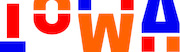Bold graphic typography spelling IOWA in red, orange, and blue colors with geometric block shapes as decorative elements.