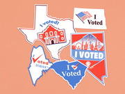 Illustrated collection of I Voted stickers shaped like US states including Texas, Maine, North Carolina, Nevada, and North Dakota on a salmon background.