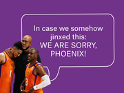 Editorial illustration of Phoenix Suns players and coach on a purple background with a speech bubble reading an apology in case FiveThirtyEight jinxed the team.