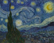 Vincent van Gogh's The Starry Night painting depicting a swirling night sky with stars and moon over a village with a cypress tree in the foreground.