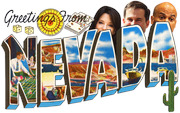 Retro-style Greetings From Nevada postcard illustration with large letter collage and political candidate faces peeking over the letters.