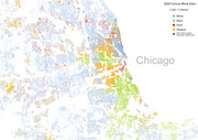 Dot density map of Chicago showing racial demographics from 2010 Census Block Data, with each dot representing one person colored by race.