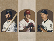 Editorial illustration showing three baseball players in Colorado Rockies, Philadelphia Phillies, and Houston Astros uniforms styled as vintage Hall of Fame plaques.