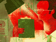 Editorial illustration in red and green tones showing a person with glasses holding or examining a green folder or book.