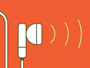 Editorial illustration of an earbud or microphone emitting sound waves on an orange background, rendered in white and green.