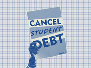 Editorial illustration of a hand holding an NAACP protest sign reading Cancel Student Debt against a grid paper background, rendered in blue tones.