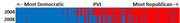 Horizontal bar chart comparing 2004 and 2008 congressional district PVI scores from most Democratic to most Republican, shown in blue and red.