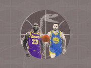 Editorial illustration showing LeBron James in a Lakers jersey and Stephen Curry in a Golden State Warriors jersey flanking a basketball, with a dinosaur skeleton in the background.