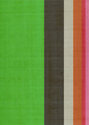 Abstract vertical color stripes in green, dark brown, white, orange, and pink on a textured fabric-like background.