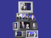 Editorial illustration of stacked vintage TV sets showing political debate footage including Trump, Clinton, and other candidates on a blue background.