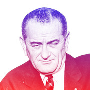 Stylized editorial illustration of a man in a suit and tie with a blue-to-red color gradient treatment on a white background.