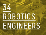 Editorial infographic displaying the number 34 robotics engineers over a yellow-tinted aerial photo of a building.