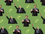 Editorial collage showing repeating cutout photos of two politicians and dollar bills scattered on a green background.