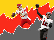 Editorial illustration showing two NFL quarterbacks in throwing poses against a stylized red zigzag line on yellow and gray background.