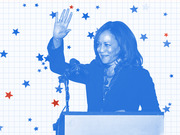 Blue-tinted editorial illustration of a woman waving at a podium, surrounded by red and blue stars on a grid background.