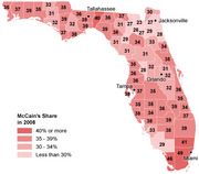 Choropleth map of Florida counties showing John McCain's vote share in the 2008 presidential election, with counties shaded by four ranges from less than 30% to 40% or more.