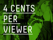 Green-tinted editorial graphic displaying the statistic '4 cents per viewer' in large bold white text over a photo of reacting sports fans.