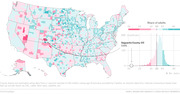 US county-level choropleth map showing share of adults with broadband internet access, colored pink to teal, with a histogram inset highlighting Saguache County, CO at 5.6%.