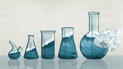 Editorial illustration showing five laboratory flasks of increasing size each containing a growing ocean wave, with the largest flask shattering.