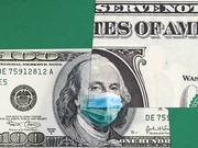 Editorial illustration showing US dollar bills with Benjamin Franklin wearing a surgical face mask, symbolizing the economic impact of the COVID-19 pandemic.