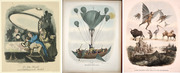 Three 19th-century satirical illustrations related to the Great Moon Hoax, showing Herschel at a telescope, a balloon coach to the moon, and fantastical lunar creatures.