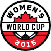 Official logo for the 2015 Women's World Cup featuring a maple leaf and soccer ball design in red, black, and white.