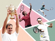Editorial collage of Roger Federer in four poses including holding the Wimbledon trophy, serving, and hitting a forehand, set against colorful geometric shapes.