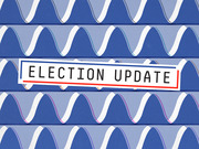 Decorative editorial illustration with repeating blue bell curve wave patterns and a central label reading Election Update in a red and blue bordered box.
