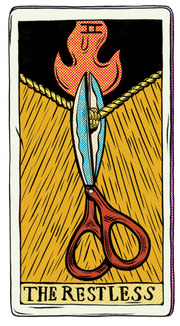 Tarot card style illustration titled The Restless featuring scissors cutting a rope against a golden background with a flame symbol at top.