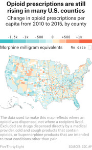 Choropleth map of the US showing change in opioid prescriptions per capita by county from 2010 to 2015, measured in morphine milligram equivalents.
