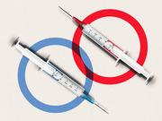 Two syringes crossed over interlocking blue and red circles, suggesting a political or partisan divide on vaccination.