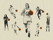 Editorial collage illustration of seven women's college basketball players in grayscale with orange basketballs, representing teams including Oregon, Maryland, South Carolina, Texas A&M, and Louisville.