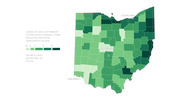 Choropleth map of Ohio counties showing the share of 2016 GOP primary voters who changed their registration from Democratic in 2016, shaded in green from 0% to 12%.