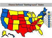 US map showing Obama-defined battleground states color-coded in blue, red, and yellow, with a legend for northeastern states.