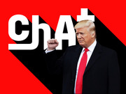 Editorial illustration showing Donald Trump with a raised fist against a red and black background with large text reading ChAt+