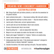 FiveThirtyEight and On The Media's Breaking News Consumer's Handbook: Election Polls Edition, listing 12 tips for evaluating election polls.