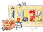 Editorial illustration of an NFL locker room showing old Washington Redskins helmets being packed away in a box alongside Kansas City Chiefs gear, commenting on team name controversies.