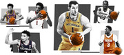 Editorial collage illustration of six college basketball players in their team uniforms including Michigan, LSU, Alabama, UConn, Colorado, and Texas.