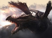 Fantasy digital illustration of a large dragon with open jaws and a rider on its back flying through stormy clouds.
