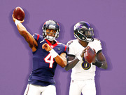 Editorial illustration of two NFL quarterbacks in uniform against a purple background, one wearing number 4 in a Texans jersey and one wearing number 8 in a Ravens jersey.